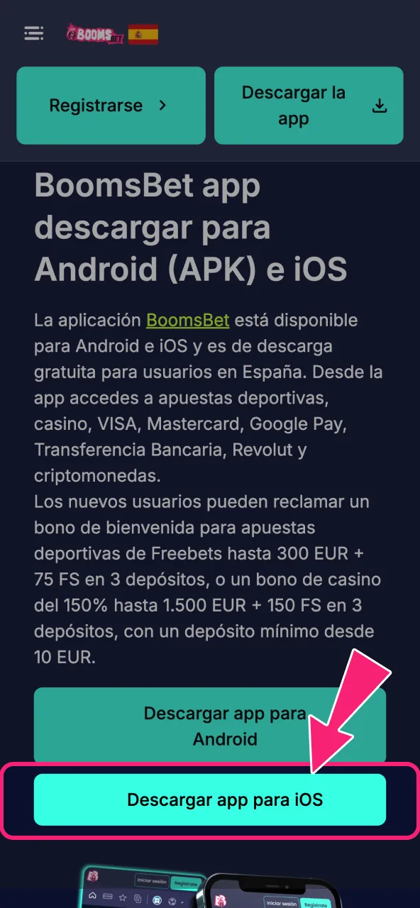 Toca el botón de descarga para obtener BoomsBet en tu iPhone.
