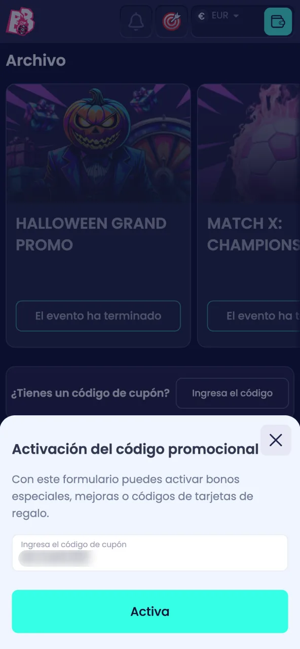 Introduce el código promocional para activar tu bono en BoomsBet.