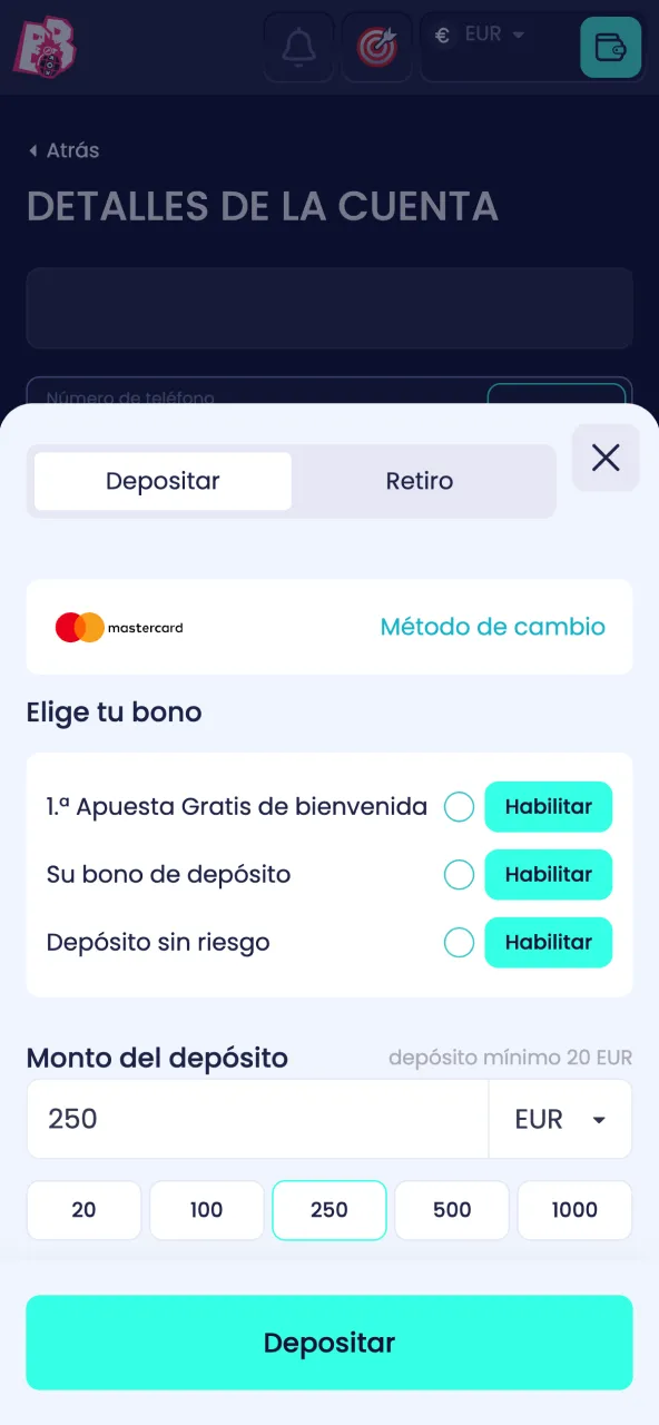 Accede a caja y realiza tu primer depósito para jugar en BoomsBet.