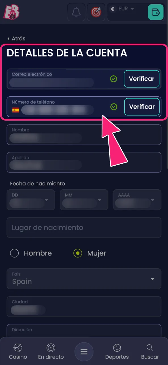 Valida correo y teléfono para completar la verificación en BoomsBet.