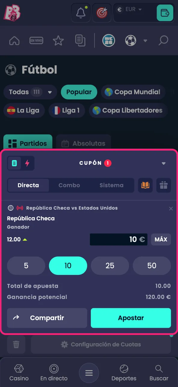 Introduce el importe en el cupón y confirma tu apuesta en BoomsBet.