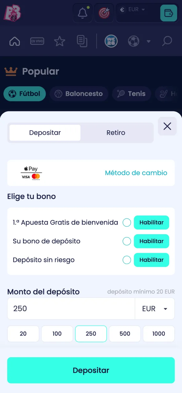 Deposita con Visa, Mastercard o Bizum para activar el bono BoomsBet.