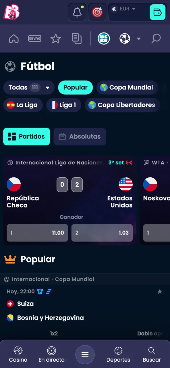 Busca la liga deseada y selecciona el partido en BoomsBet.