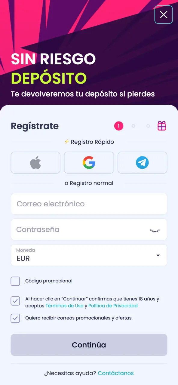 Regístrate en BoomsBet con tus datos y acepta los términos.