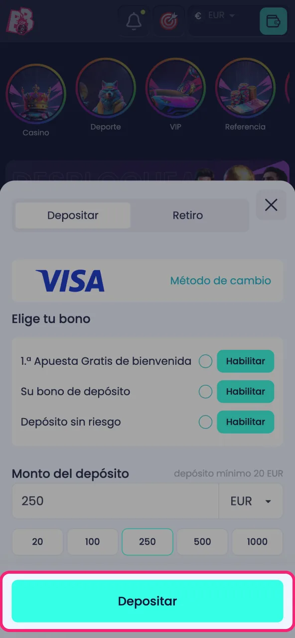 Revisa la información y confirma tu transacción en BoomsBet.