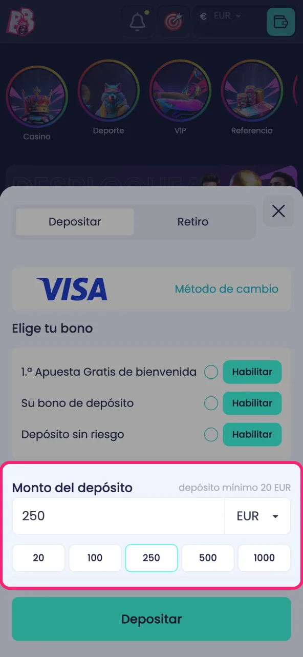 Elige la cantidad y confirma tu depósito en BoomsBet.