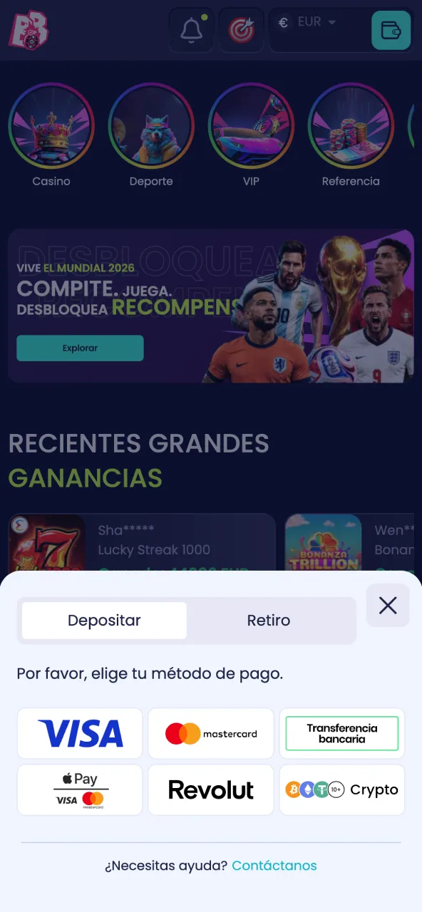 Selecciona VISA, Mastercard o criptos según tus límites en BoomsBet.