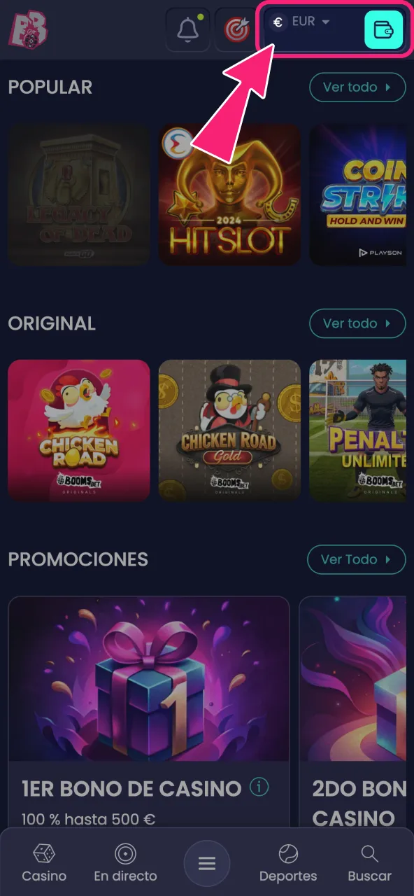 Entra en Caja y revisa tu saldo disponible en BoomsBet.