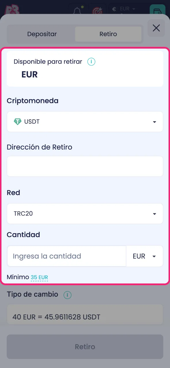 Especifica el importe deseado dentro de los límites permitidos en BoomsBet.