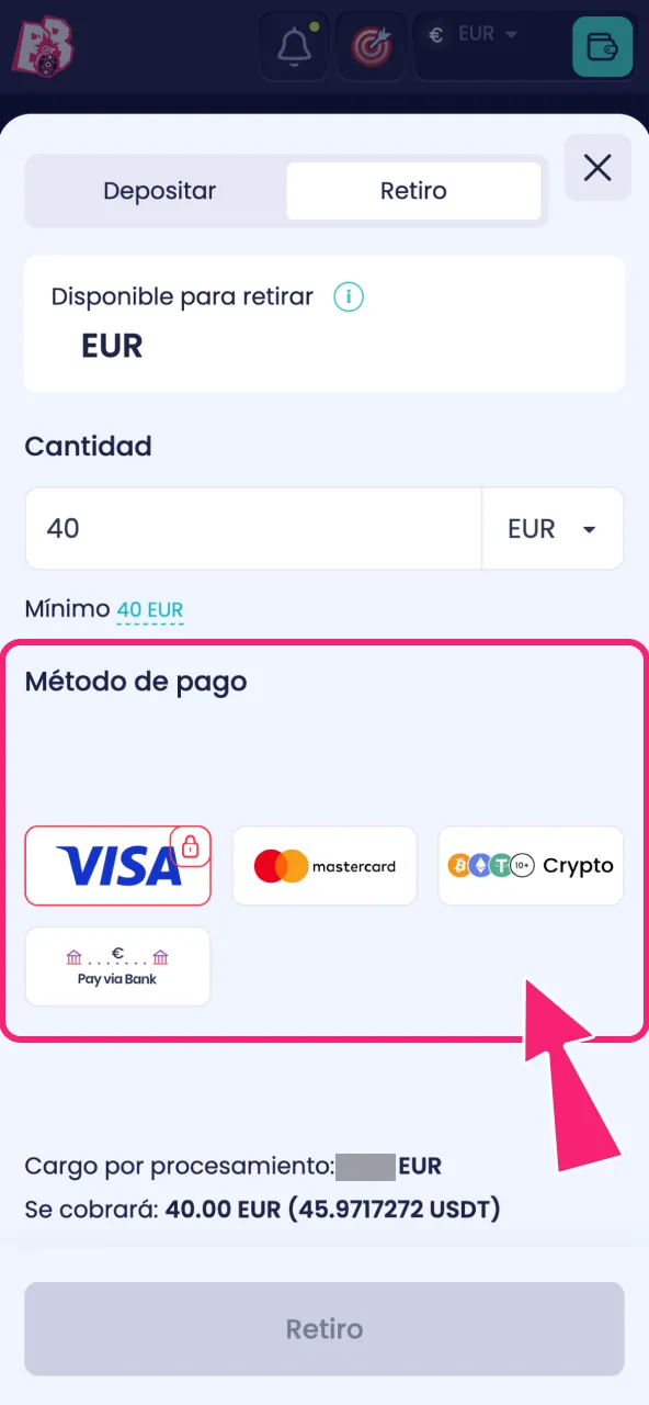 Selecciona el método correspondiente a tu depósito en BoomsBet.