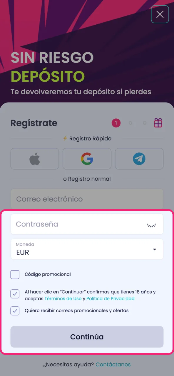 Accede con tu contraseña y confirma requisitos en BoomsBet.