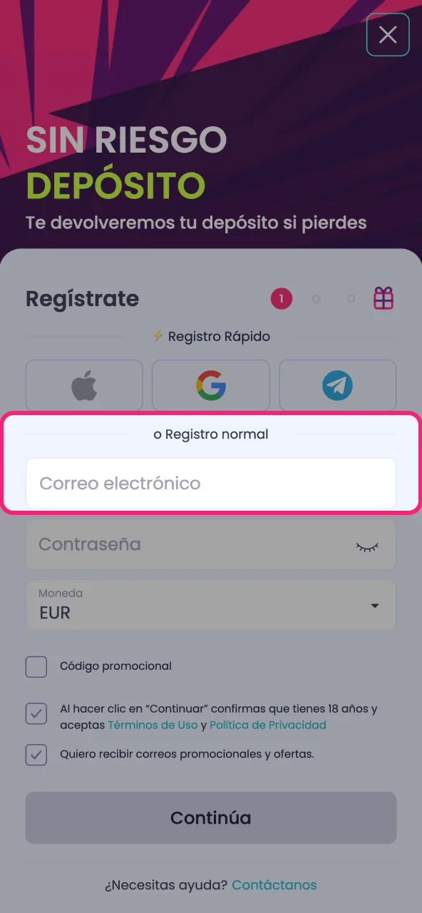 Rellena la información básica vinculada a tu correo en BoomsBet.