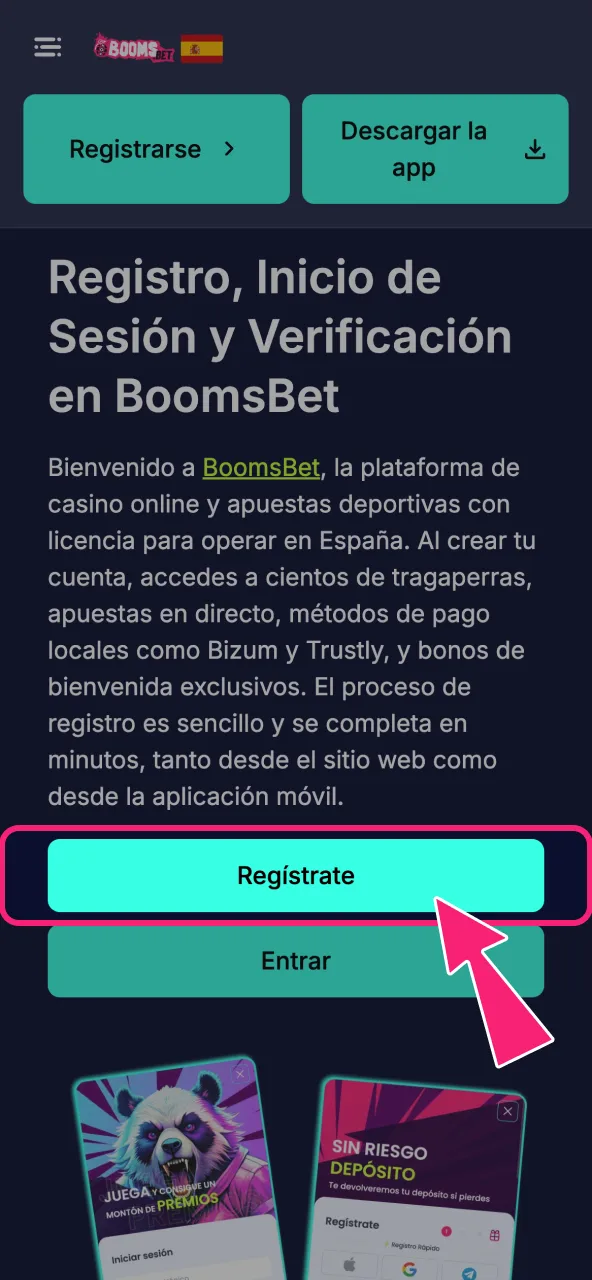 Pulsa el botón de registro para iniciar tu proceso en BoomsBet.