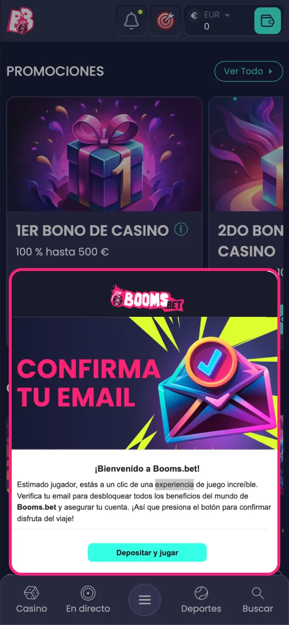 Verifica tu email desde el enlace recibido de BoomsBet.
