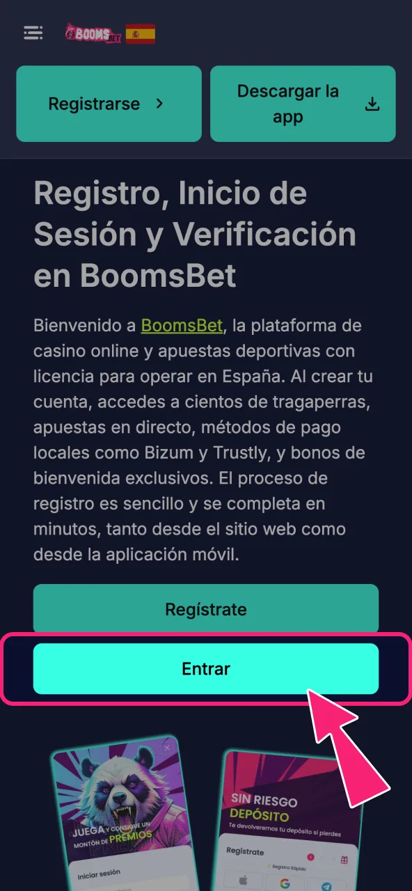 Selecciona el botón superior de inicio de sesión en BoomsBet.
