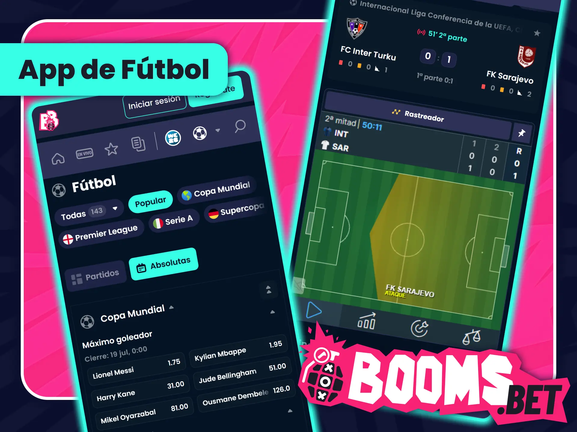 Apuesta al fútbol desde la aplicación móvil de BoomsBet oficial.