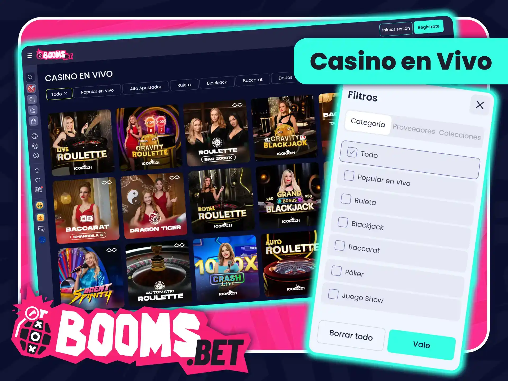 Disfruta de la ruleta con crupieres reales en BoomsBet oficial.