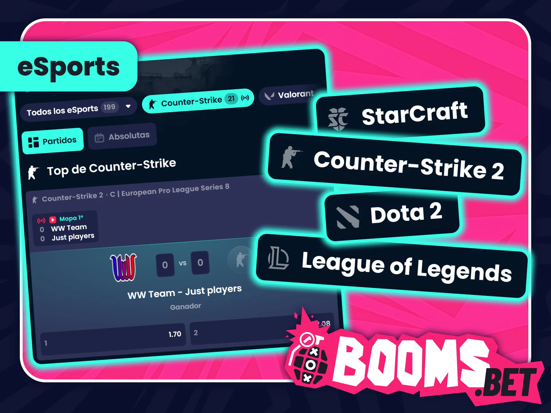 Apuesta en los mejores torneos de videojuegos en BoomsBet oficial.