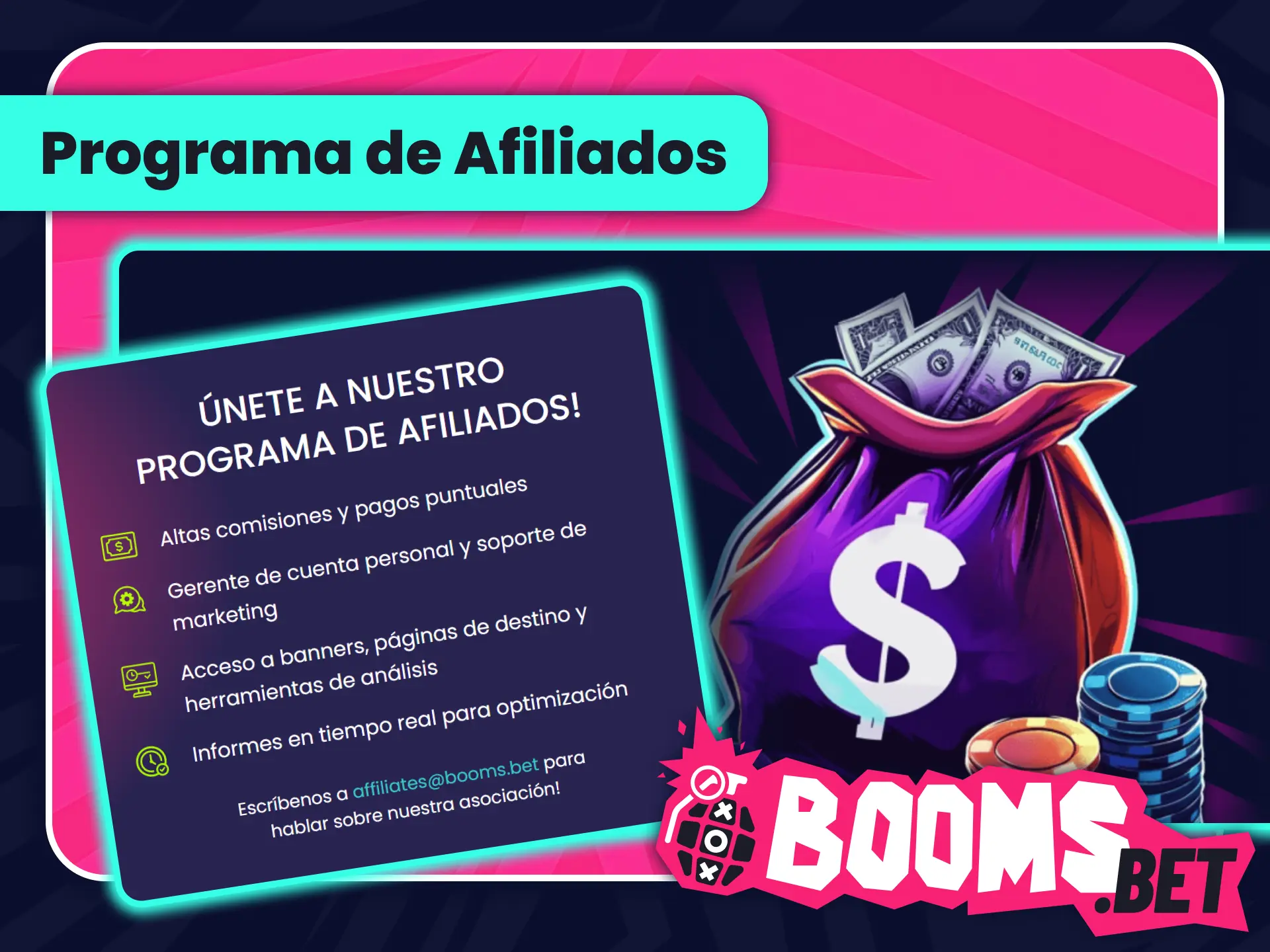 Únete al programa de socios recomendado directamente por BoomsBet oficial.