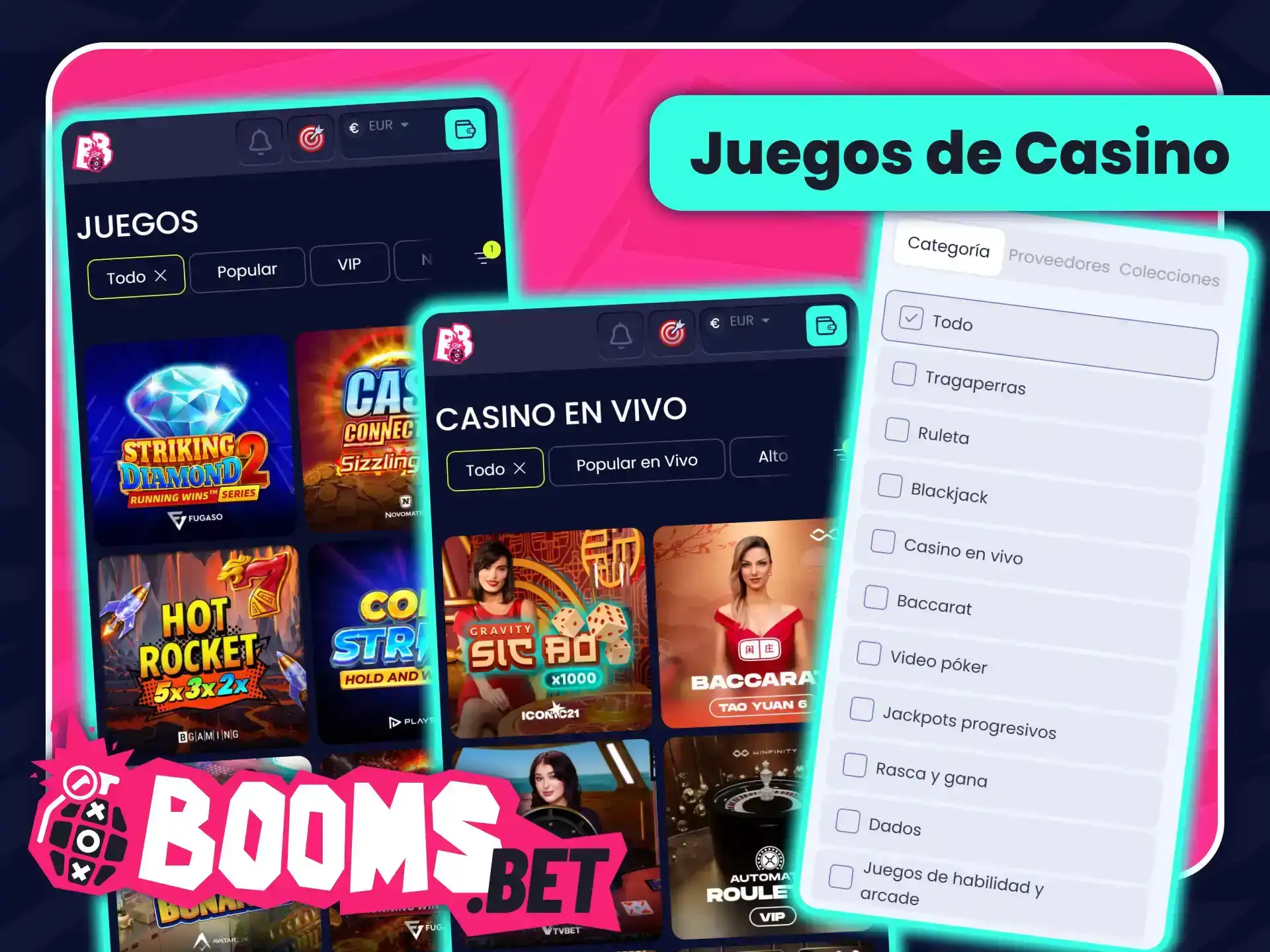 Diviértete con más de tres mil tragaperras en BoomsBet oficial.